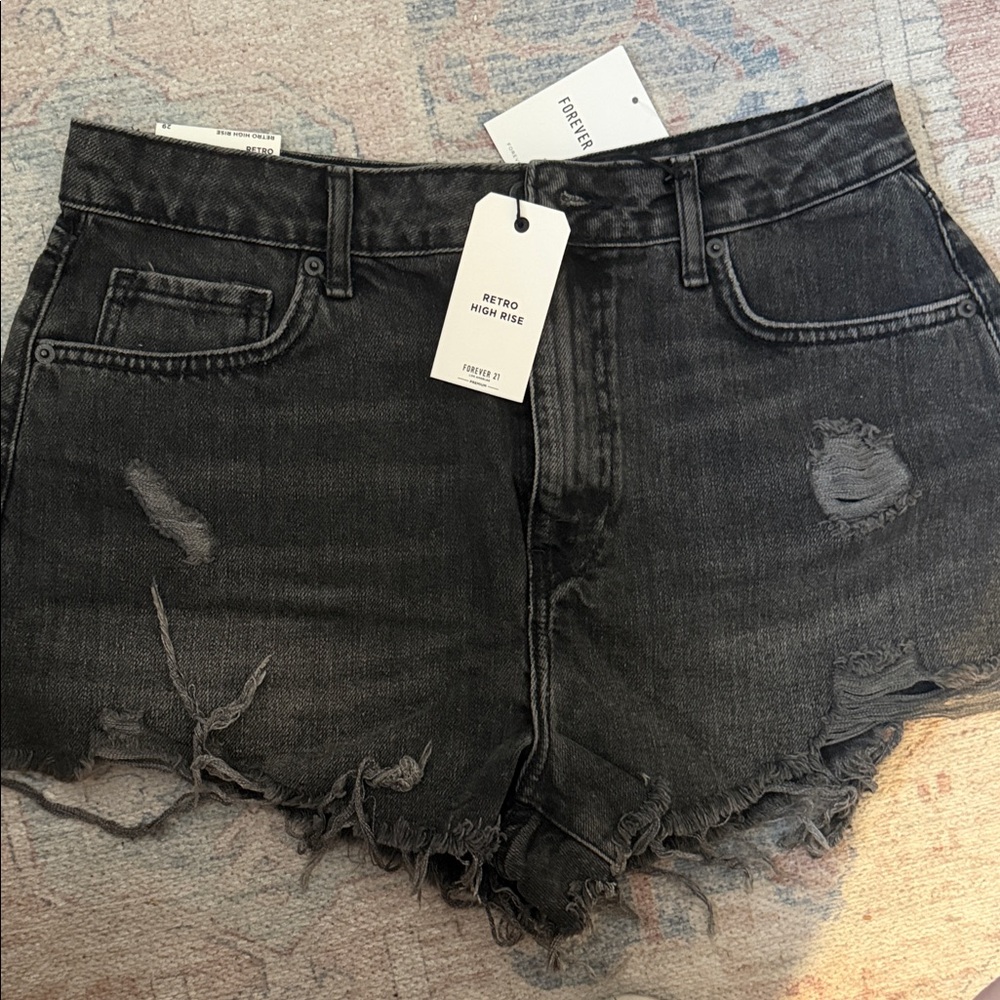 Forever 21 Black Retro High-Rise Distressed Denim Shorts